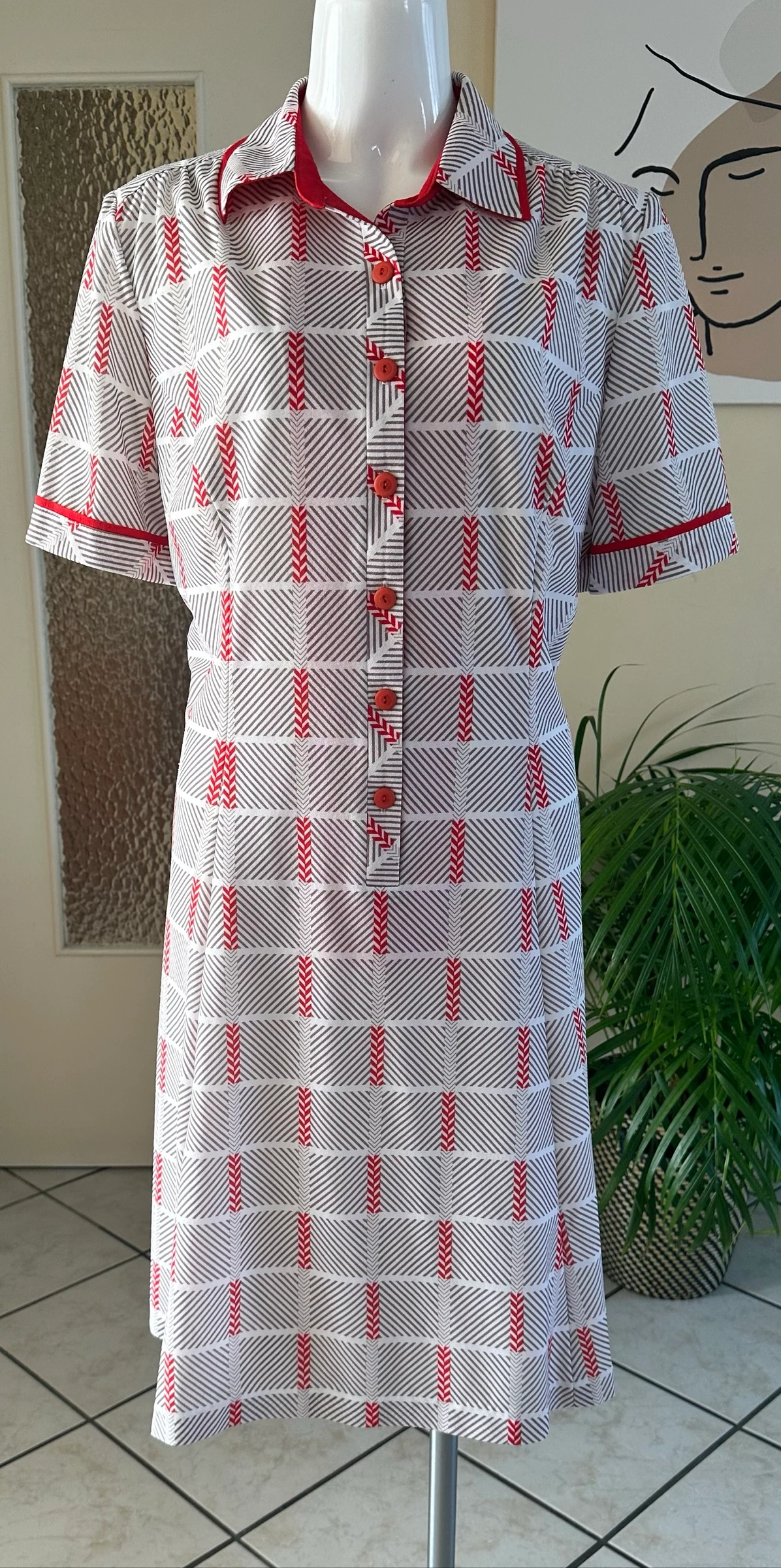 Vintage gewatteerde jurk rood en beige maat 42 – Perfecte staat – photo 4